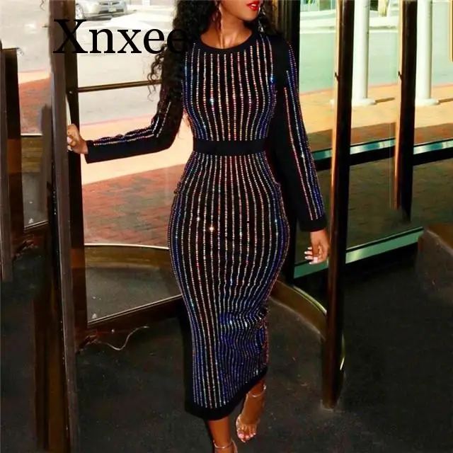

3XL Plus size embellished diamonds bodycon dress Women long sleeve red black rhinestone party dress Elegant binding vestidos