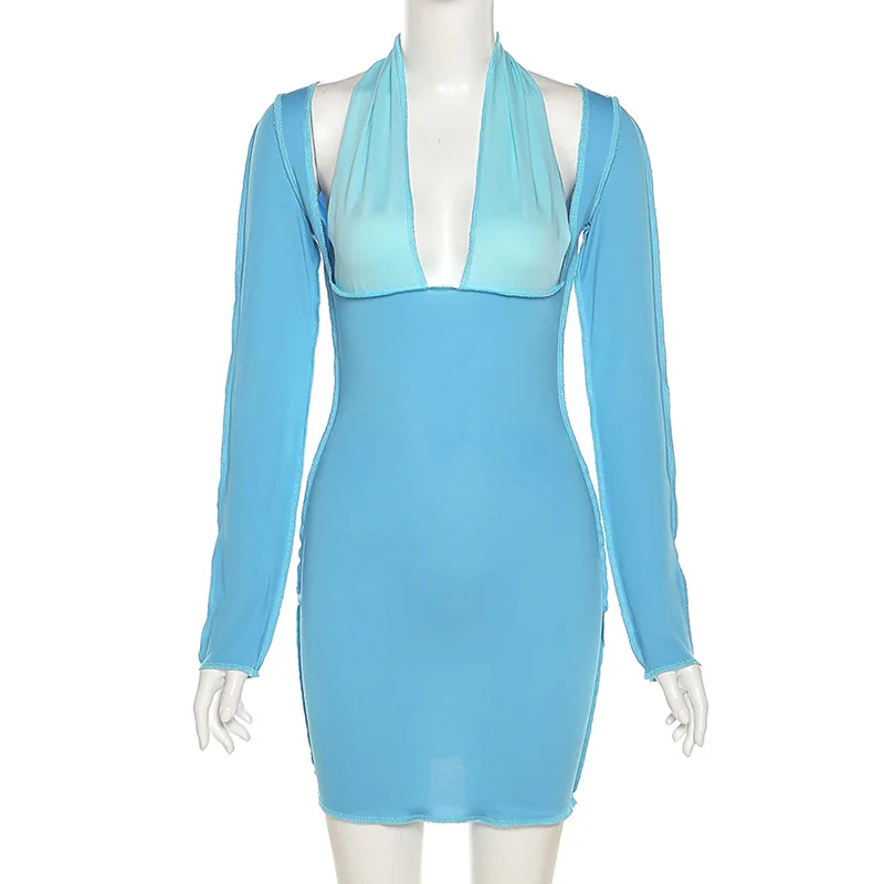 Женское платье-мини с длинным рукавом и глубоким V-образным вырезом - купить по