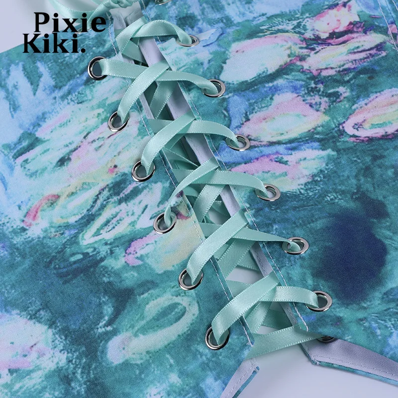 

PixieKiki Cottagecore Aesthetic Printed Tube Top Femme Summer Vintage Clothes Hollow Out Lace Up Crop Tops Short Corset P69-CA10