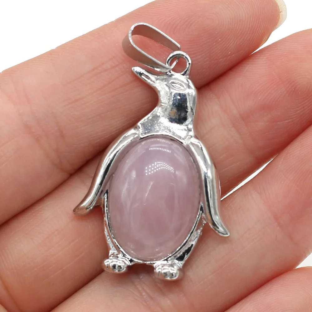 Кулон из натурального камня в форме пингвина, металлический сплав, розовое сердце, подвески для DIY ювелирных изделий, ожерелье, браслет, аксессуары 24x34мм