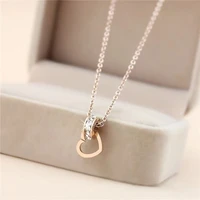 double ring heart pendant necklace female short clavicle chain korean simple temperament double ring diamond plated rose gold ne
