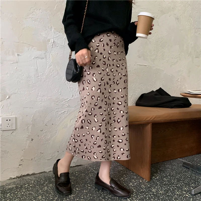 

HziriP 2021 Autumn Women Skirt Knitted Leopard Split Elastic Waist Elegance Vintage All-Match Female Office Lady Casual A-Line