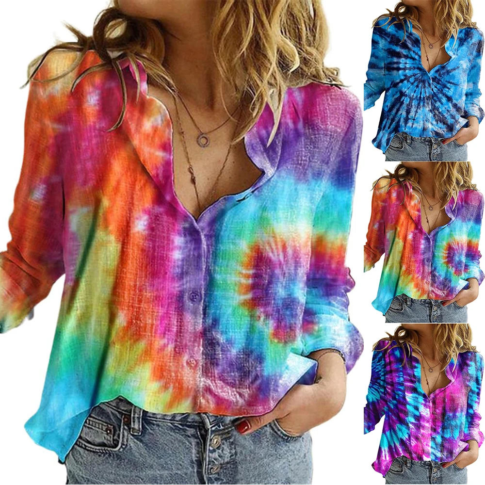 

Women Blouse Shirt Tie Dye Turn-down Collar Button Up Shirt Loose Top Blousa Women Clothing Casual Shirts Top