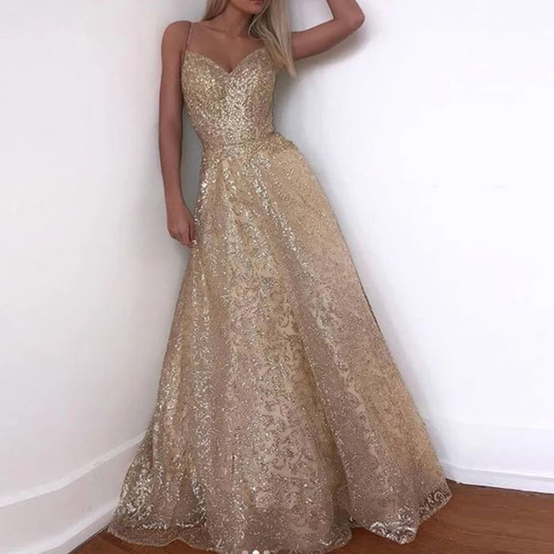 Женские Элегантные цвета шампанского вечерние платья сексуальные глубокий v
