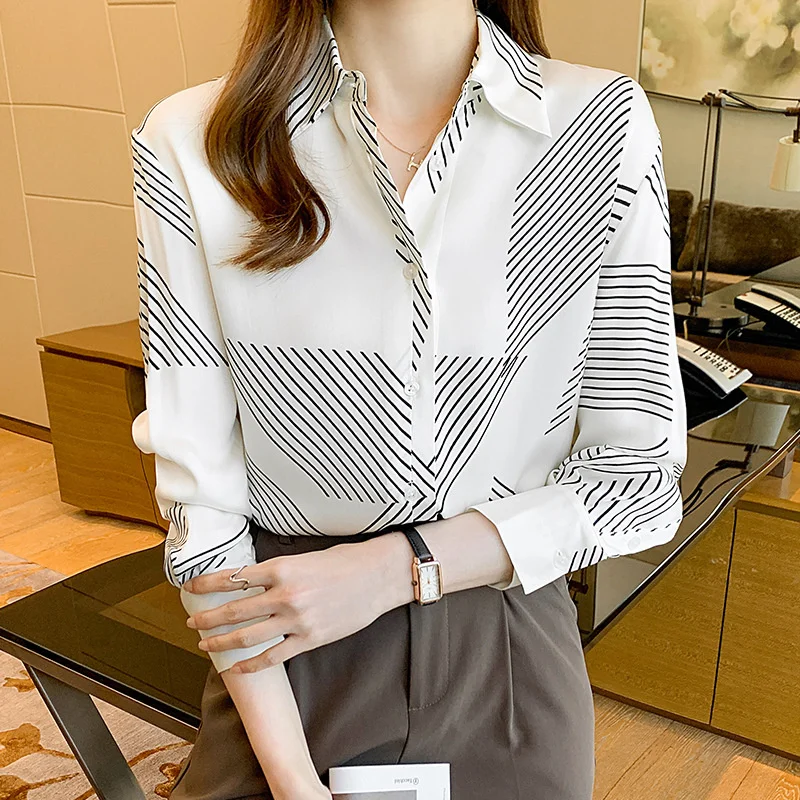 

#5050 Striped Printed Shirt Women Turn-down Collar Casual Office Satin Shirt Female Casual White Shirt Elegant Tops Korean Style