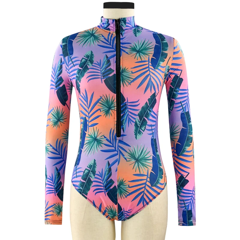 

Sale Half high neck zipper long sleeve conservative triangle one-piece swimsuit charm purple print plus size swimsuit