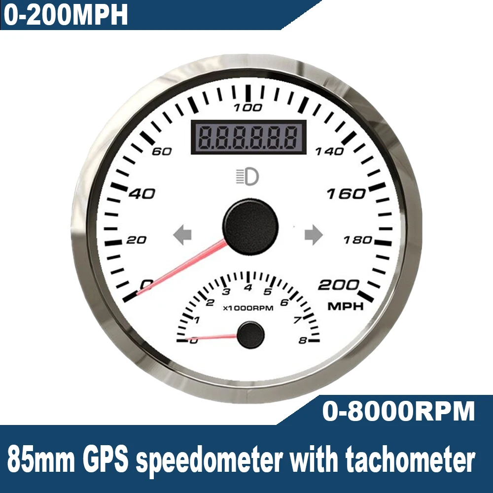 

Водонепроницаемый миль 85 мм 200MPH GPS Спидометр 8K Тахометр двигателя 0-8000 об/мин одометр GPS антенна пробег Янтарная подсветка 12В/24В
