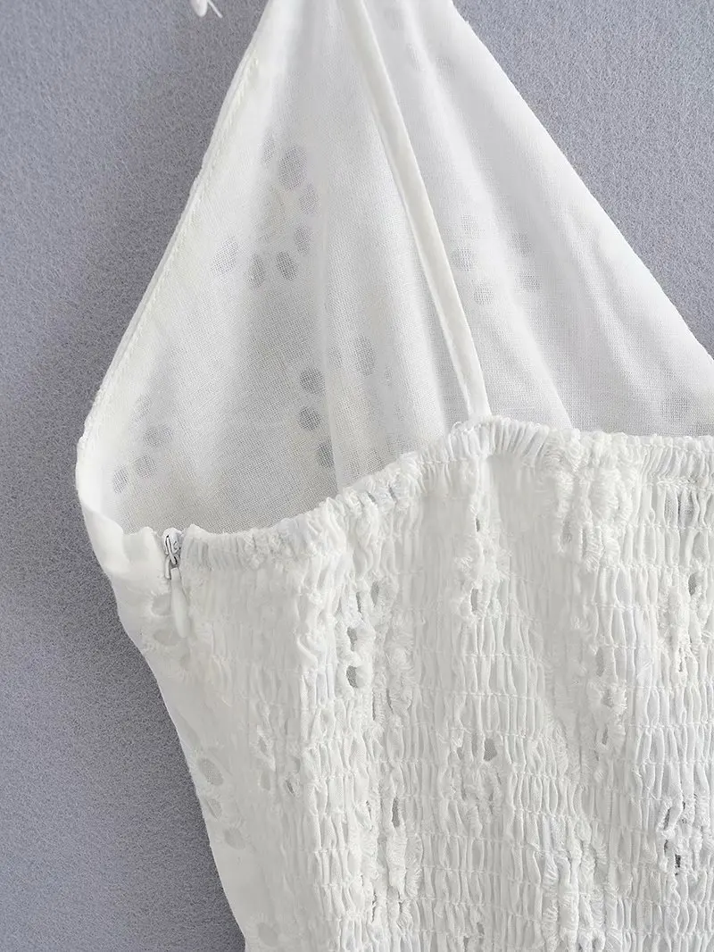 

Vintage White Hollow V-neck Strap Dress Women Sexy Halter Slim Stitching Chic Female Mini Dress Mujer