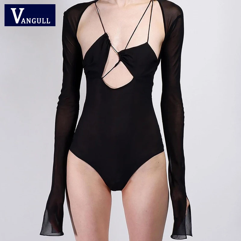 

Vangull Solid Sexy Deep V-Neck Bodysuit Women Short Section Slim Lace Long Sleeve Summer Fashion Popular Sport Jumpsuit Ladies