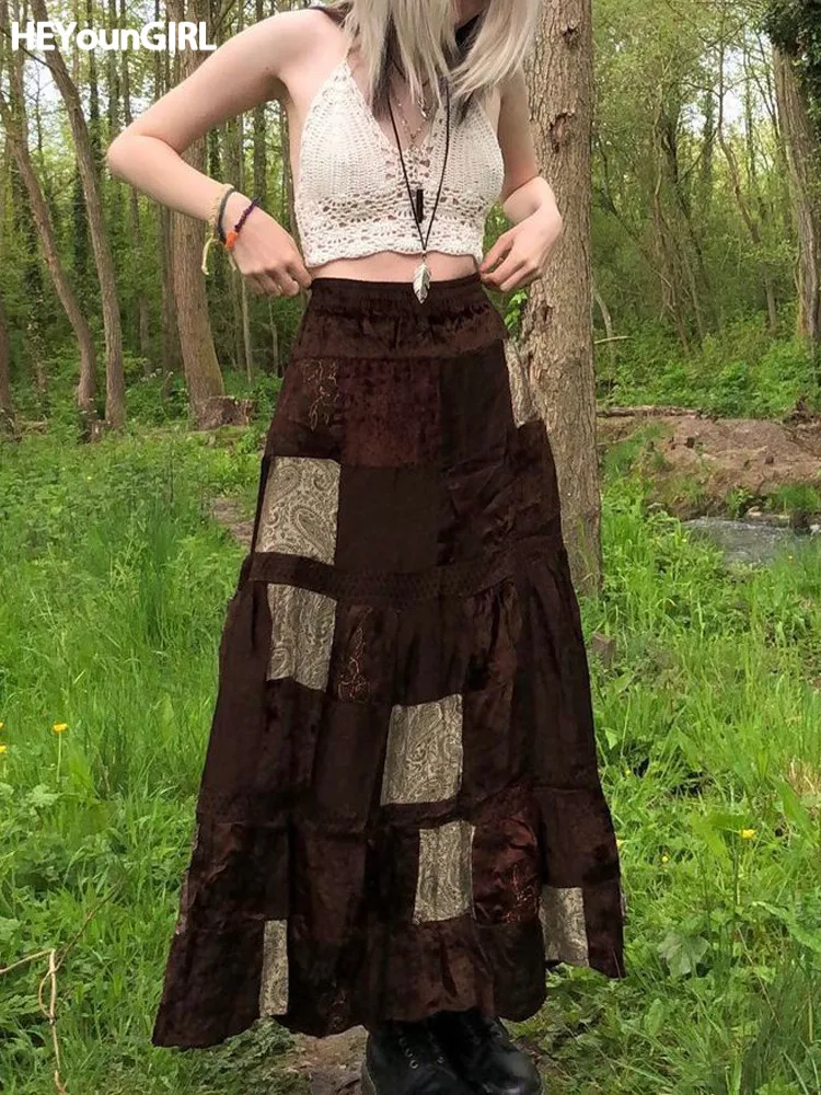 

HEYounGIRL Grunge 2000s Aesthetic Brown A Line Midi Skirts Casual Loose Vintage High Waist Skirt Women Patchwork 90s Streetwear