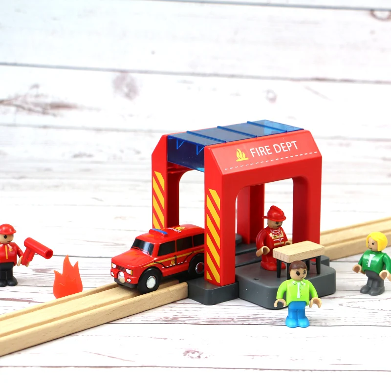 Имитация пожарной станции пожарная станция аксессуары для деревянных дорожек совместимы с поездом деревянная каталка железнодорожные рел...