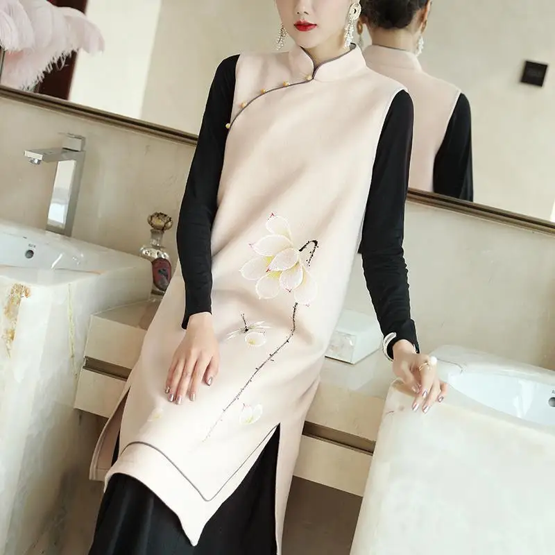 

Women Winter Warm Thicken Cotton Cheongsam Vest Jacket Print Floral Blouse Causal Beads Button Tops Long Mandarin Collar Shirt
