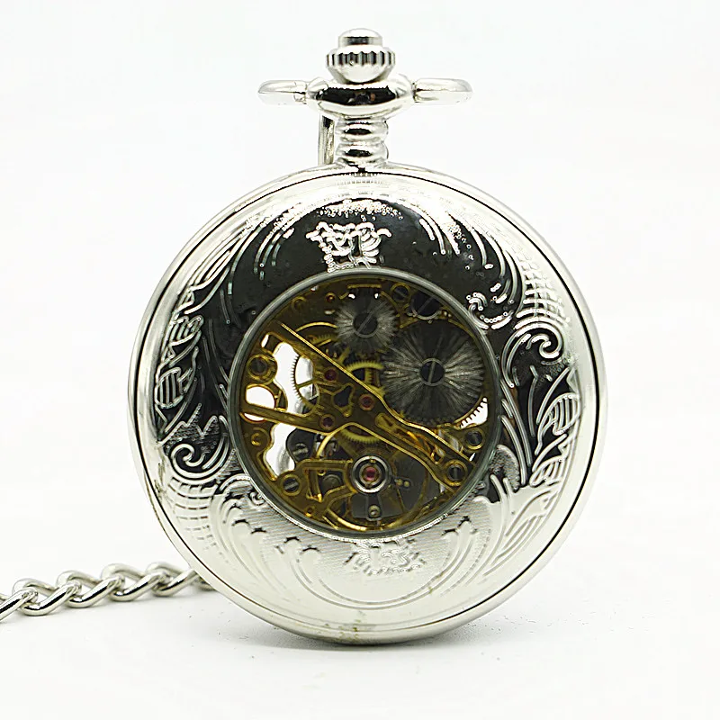Silver Steampunk Hollow Roman Design Mechanical Pocket Watch Vintage Necklace Pendant Accessories Gift Men Fob Chain Watch