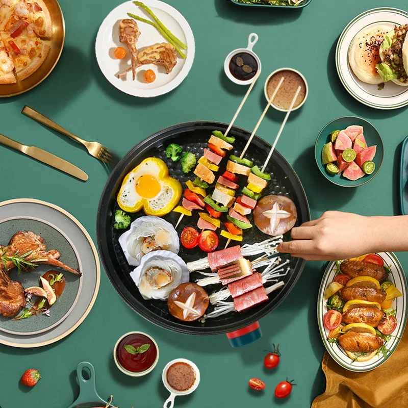 Pаспродажа Фотогриль, Электрический внутренний круглый бытовой гриль для барбекю, Зеленый Мгновенный бездымный Электрический инструмент для кемпинг...