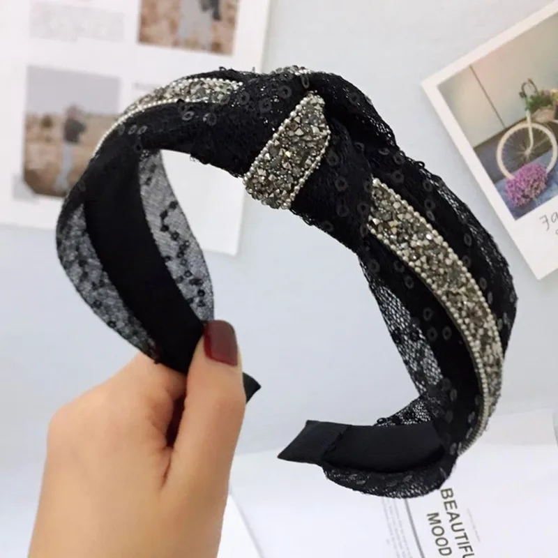 

2021 New Mesh Hairband Wide-brimmed Rhinestone Lace Sequins Hairpin Ladies Simple Middle Knot Students Boutique Hair Accessories