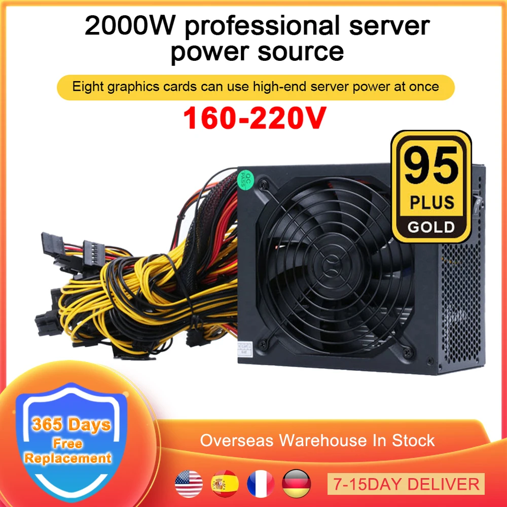 

Блок питания для майнинга BTC, 2000 Вт, 160-240 В, ATX 95%, графические карты с поддержкой 8 GPU для ETH, Ethereum, установка для майнинга биткоинов