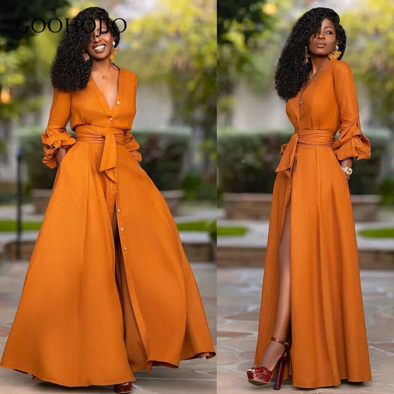

GOOHOJIO 2021 Spring Autumn New Split Fork Dress Women Temperament Dresses for Ladies Solid Color High Waist V-neck Women Dress