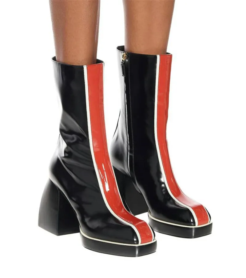 

Dilalula 2021 Autumn Winter Women Mid-Calf Boots Genuine Leather Platform Thick Heels Mixed Color Night Club Boots Female