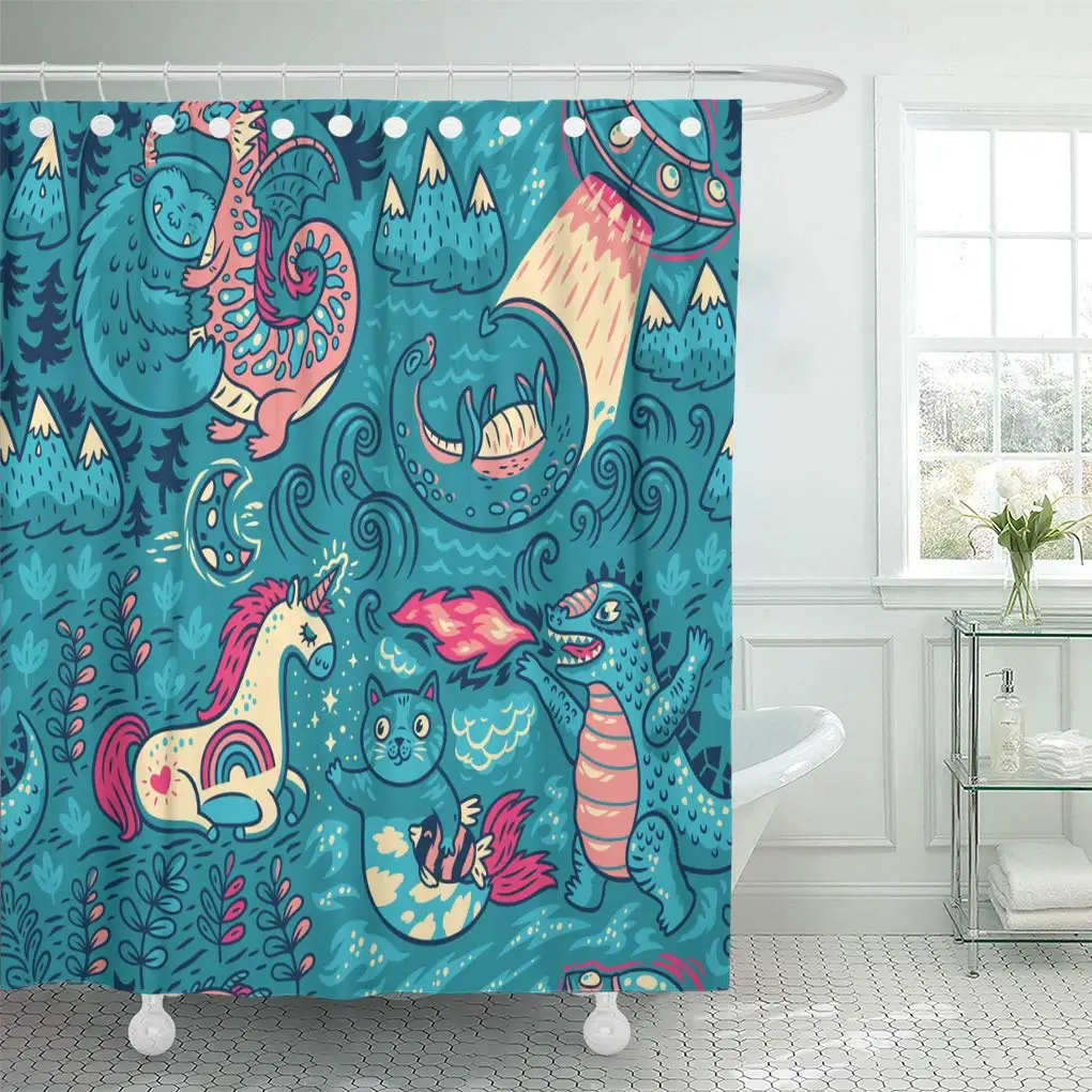 

Fantastic Animals Dragon Unicorn Cat and Mermaid Lochness UFO Cartoon Decorative