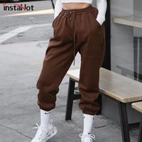instahot autumn women sweatpant 90 cotton solid high waist trousers cargo pant pockets casual streetwear thicken winter capris