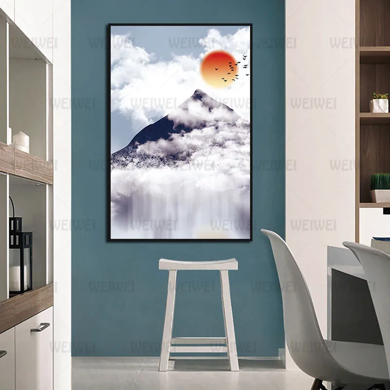 

Abstract Poster White Clouds Blue Mountains and Boat Bedroom Home Decoration Painting Canvas Painting Wall Art Hd Printing