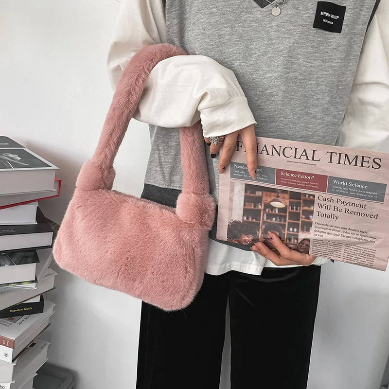 

Small Korean Plush Shoulder Women's Bag Fashion Soft Fluffy Fur Autumn and Winter New Fabric Female Handbag Pink Girl Tote Bag