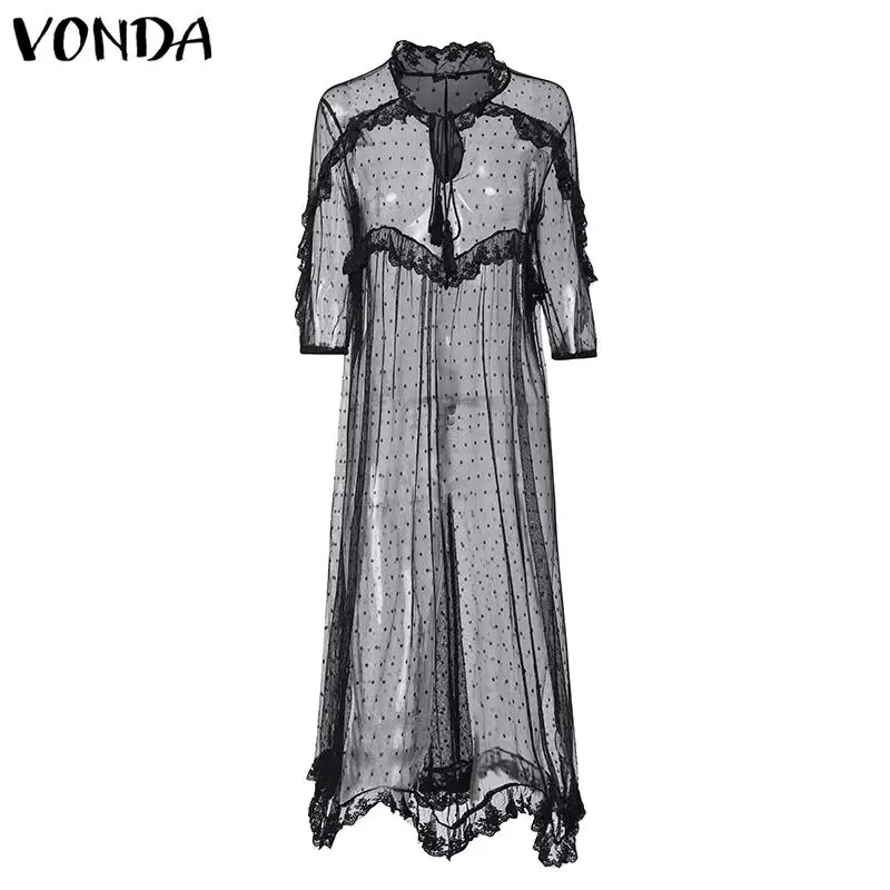 Black VONDA богемное кружевное платье летнее женское сексуальное платье в горошек с v-образным вырезом и асимметричным подолом плюс размер Vestidos - Цвет: Black