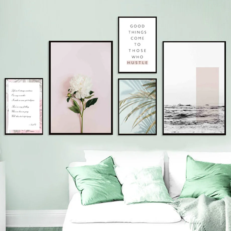 

Peony Palm Leaf Sea Inspirational Quote Wall Art Canvas Painting Nordic Posters And Prints Wall Pictures For Living Room Decor