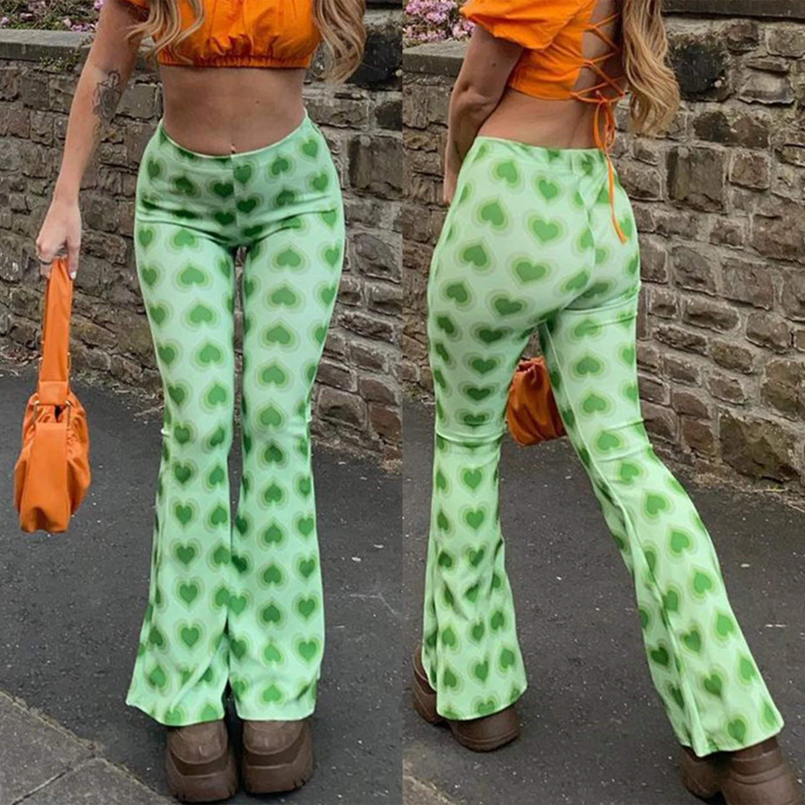

2021 Female Flared Trousers Heart Print High Waist Bell-Bottomed Pants for Spring Summer Fall Green S/M/L