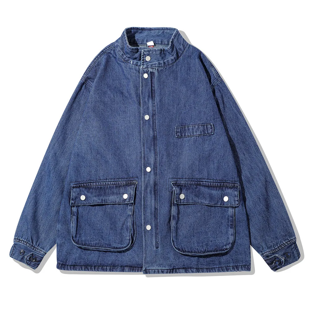

EukaaRu Men Winter Jacket Solid Denim Coat Mens Fashion Streetwear Clothing Loose Hip Hop Blue Jackets Stand Collar Outwear Tops
