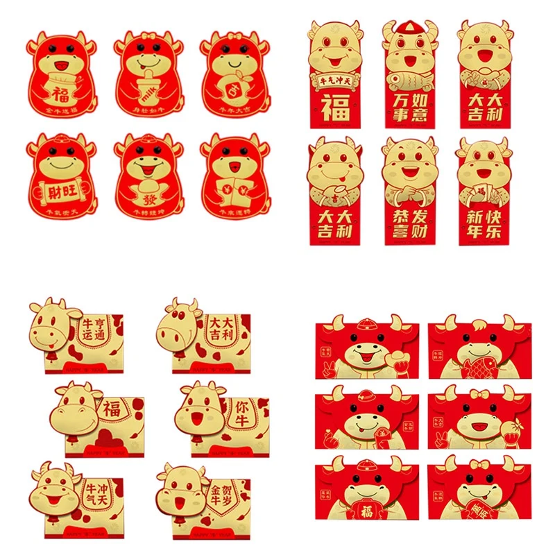 

6Pcs 2021 Chinese Red Envelopes Lucky Pockets Red Packet for Chinese New Year Spring Birthday Marry Party Gift Box