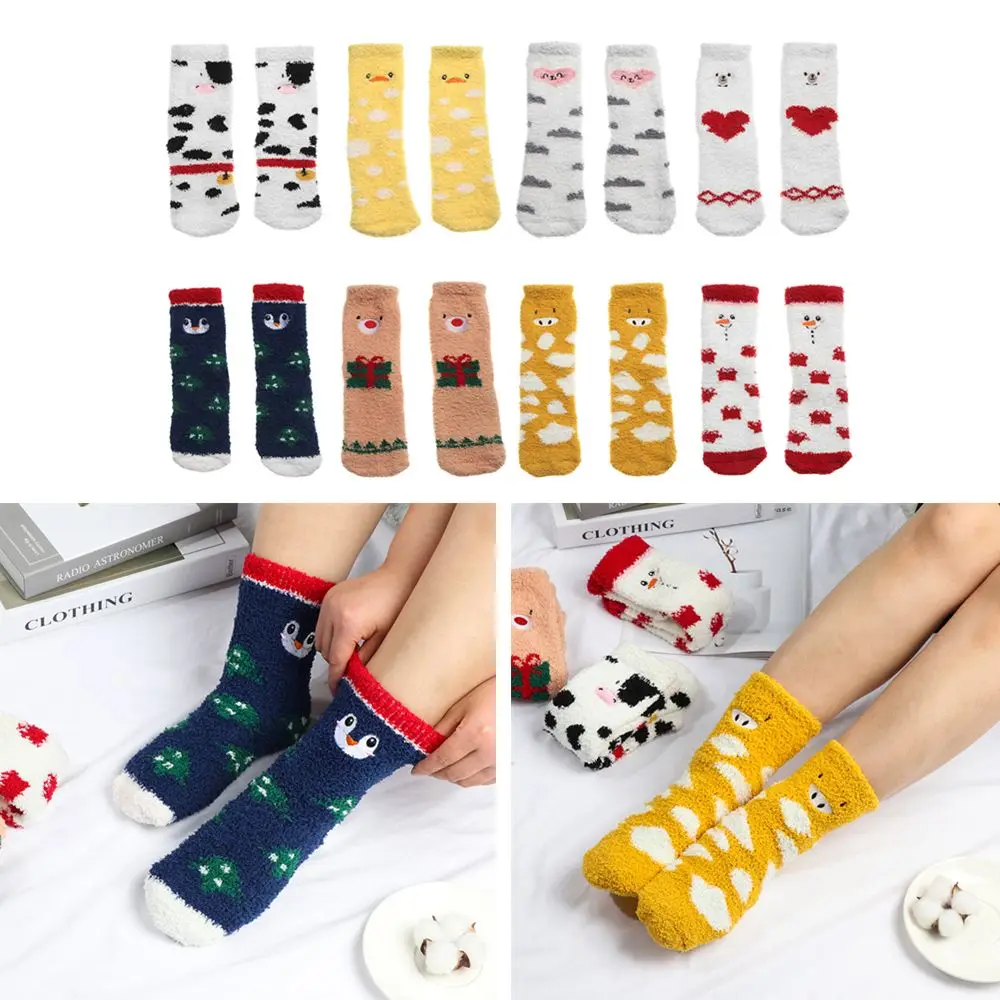 

Home Floor Sock Plush And Thickened Coral Fleece Cartoon Animal Embroidery Tube Sock Autumn Winter Cute