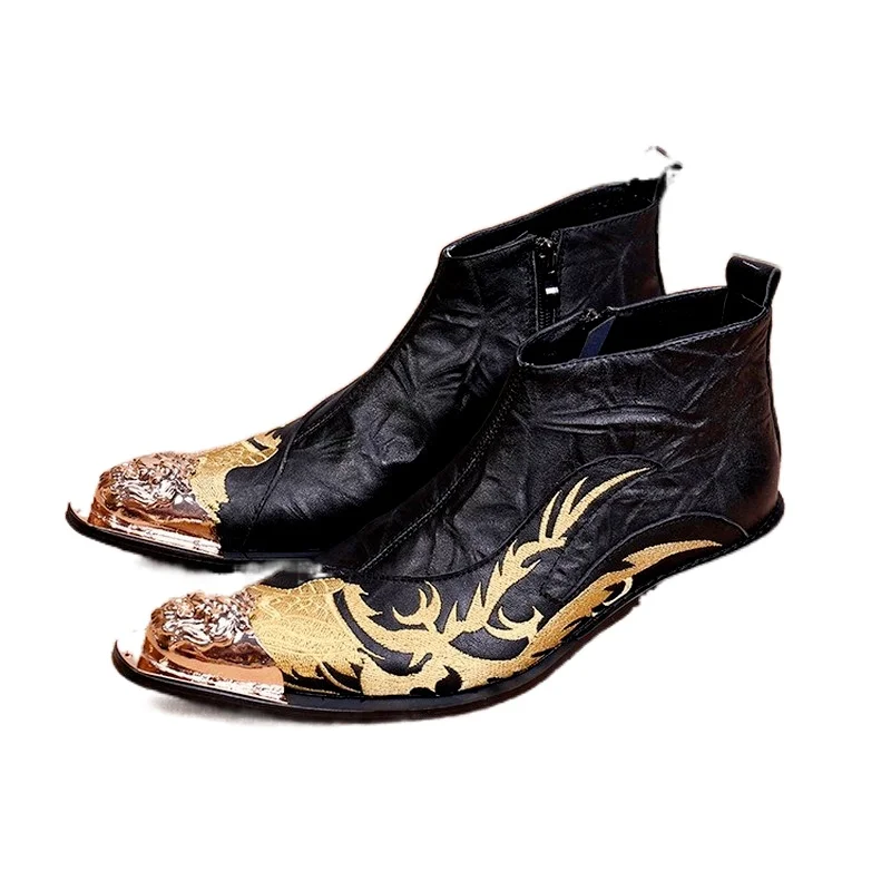 

Мужские ковбойские ботинки с острым носком, коричневые кожаные ботильоны с вышивкой, модные мотоциклетные ботинки,