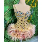 Женское коктейльное платье-трапеция, короткое разноцветное платье с кристаллами и перьями, расшитое бисером