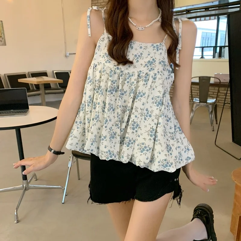 

Casual Style Crop Tops for Women Folds Camis Flora Print Summer New Arrival Off Shoulder Aesthetic Clothes Korean Clothing