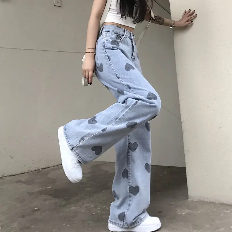 

Heart Printing Jeans Women's Summer Fat Sister 2021 New Large Size High Waist Loose Straight-Leg Wide-Leg Pants Fashion