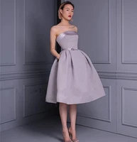 simple light purple satin prom party dresses with pockets strapless sash bow short evening gown knee length robe de soriee