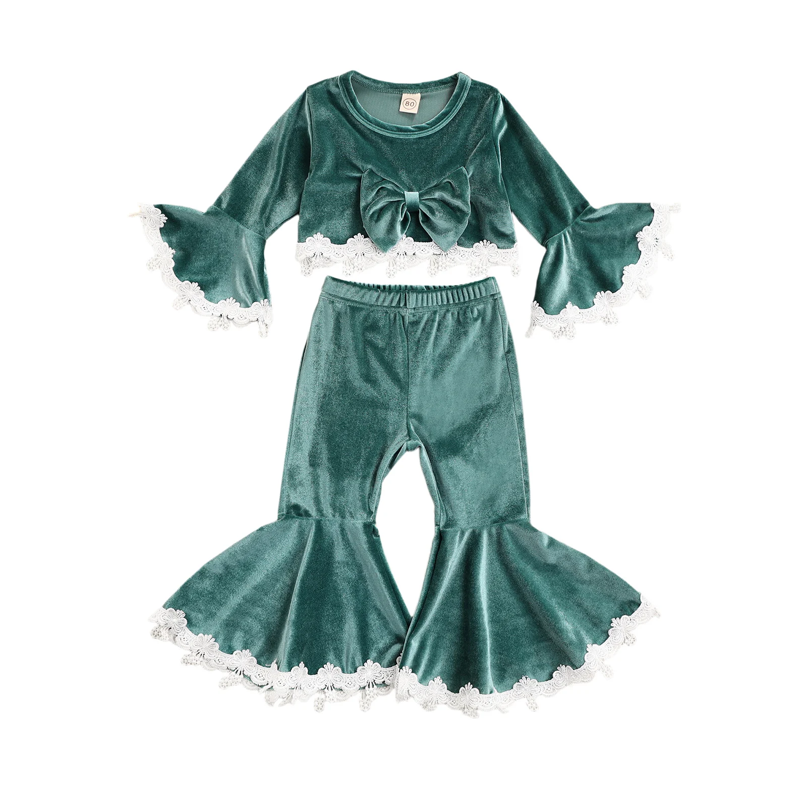 

OPPERIAYA Baby Girls Solid Color Clothes Casual Set Long Sleeve O-neck Cropped Tops with Bow-knot Elastic Waist Flared Trousers