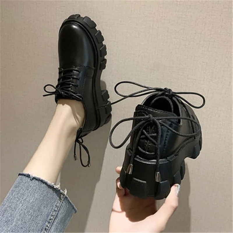 

Spring Shoes Women Chunky Shoes Female Sneakers Casual Leather Lace-up Sneakers Thick-soled Muffin Platform Lady Trainers Black
