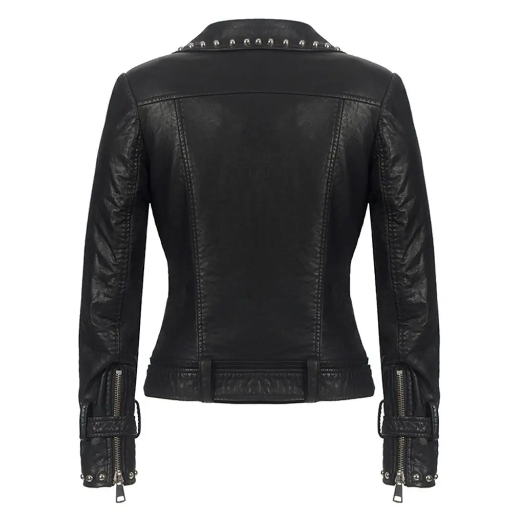 Explosion style hot sale ladies black lapel zipper leather jacket punk rivet pu plus size jacket