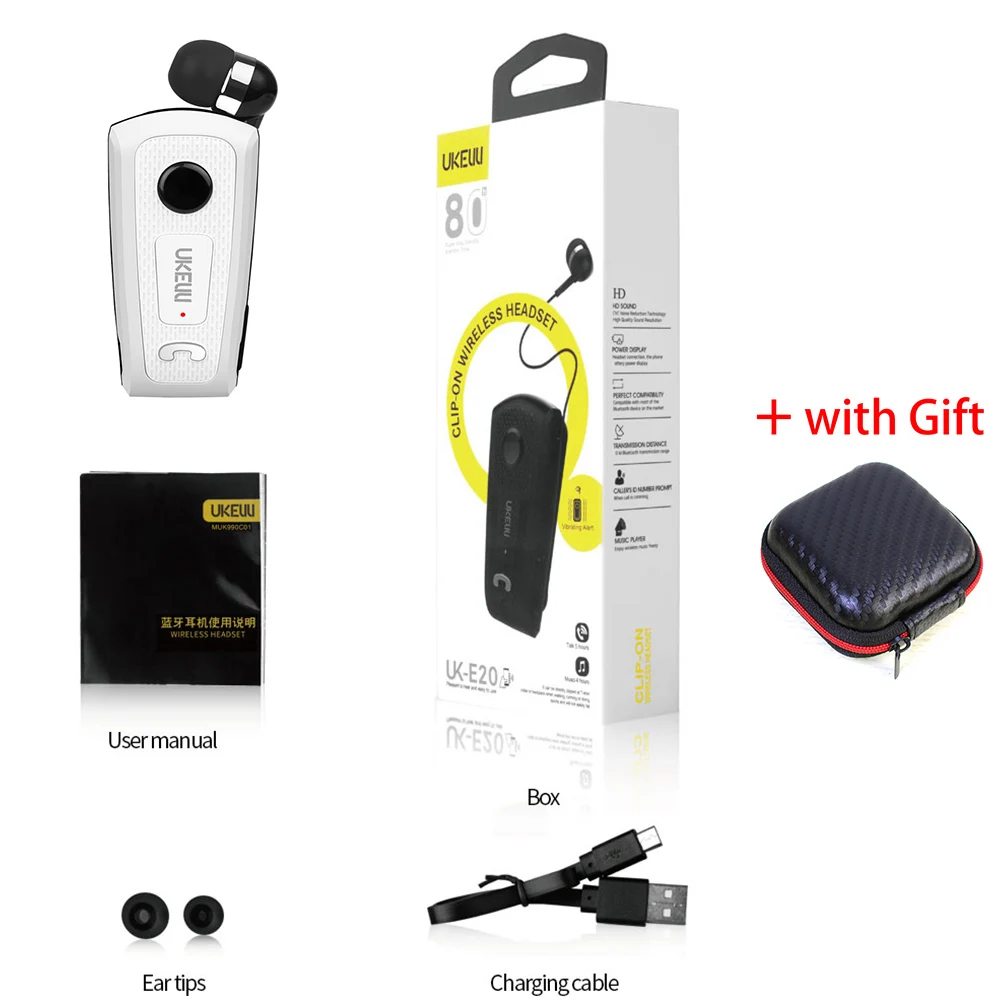 White with box FINEBLUENew UK-E20 Портативный бизнес беспроводной Bluetooth гарнитура Телескопический Тип наушники с микрофоном гарнитура вызов вибрации - Цвет: White with box