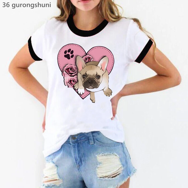 

Футболка женская с принтом французского бульдога и надписью «love»