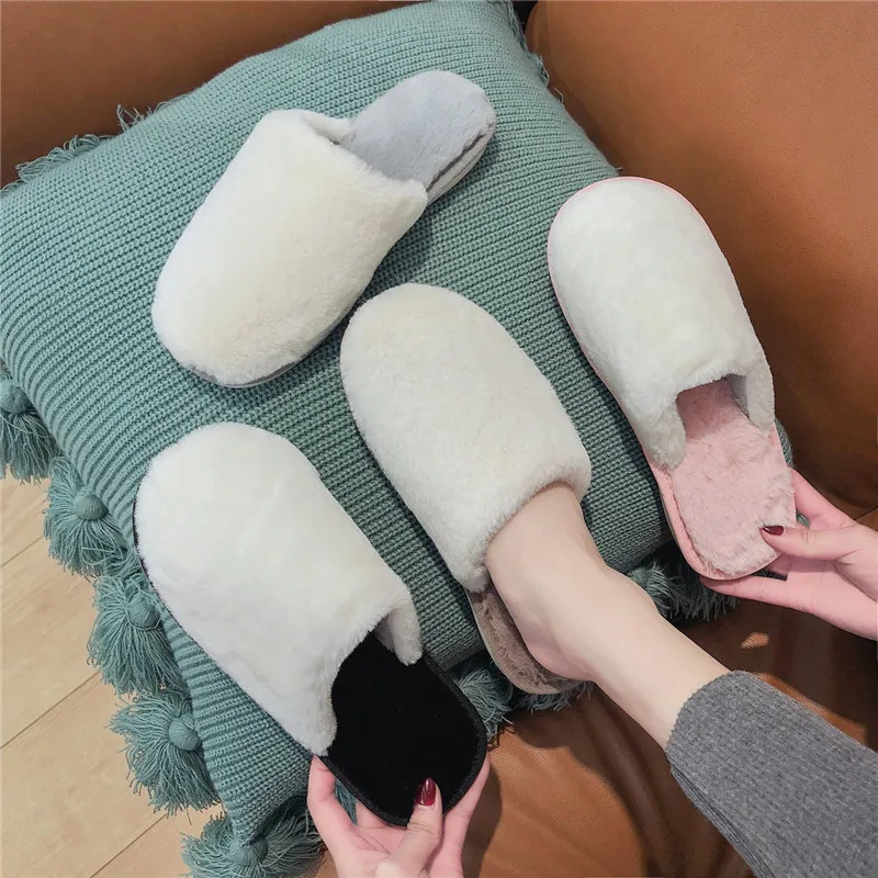 

Women Home Slippers Fall Winter Warm Slippers Slip on Flats Slides Female Faux Fur Slippers 36-45 Cotton Plush Slipper