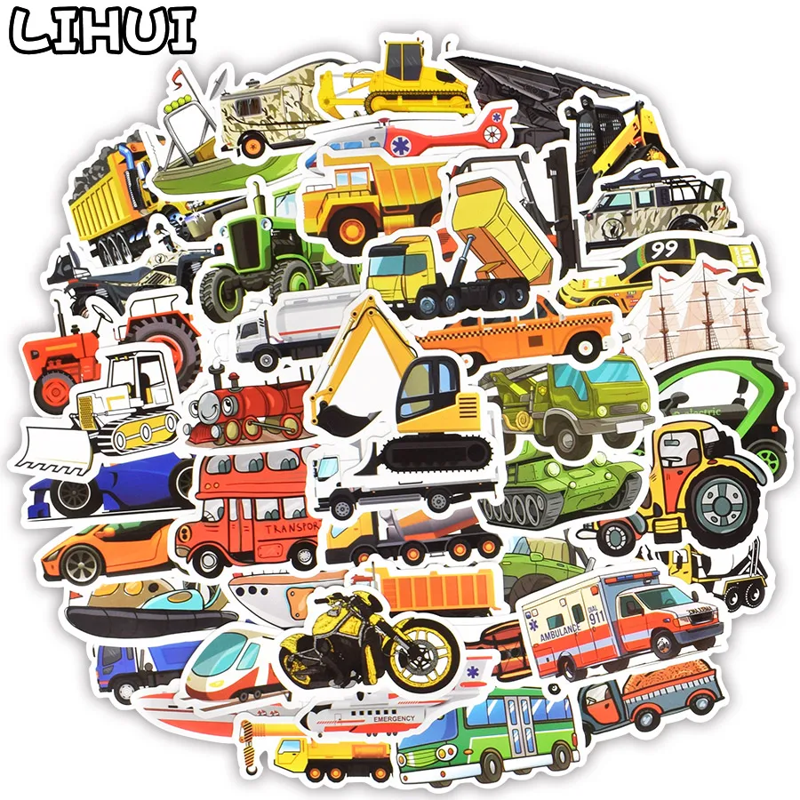 Pegatinas de ingenier&iacute;a para coche y cami&oacute;n para ni&ntilde;os, adhesivos bonitos de 50 uds, para viaje, Maleta, carrito, port&aacute;til, monopat&iacute;n-0