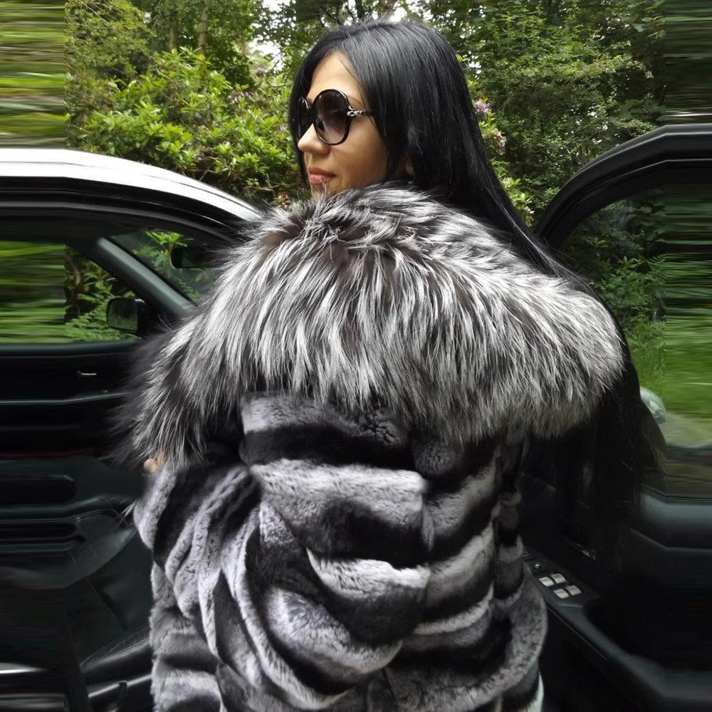 130cm Long Real Rex Rabbit Fur Coat with Silver Fox Trim of Hood Luxury Winter Fashion Rex Rabbit Fur Overcoats Female Natural