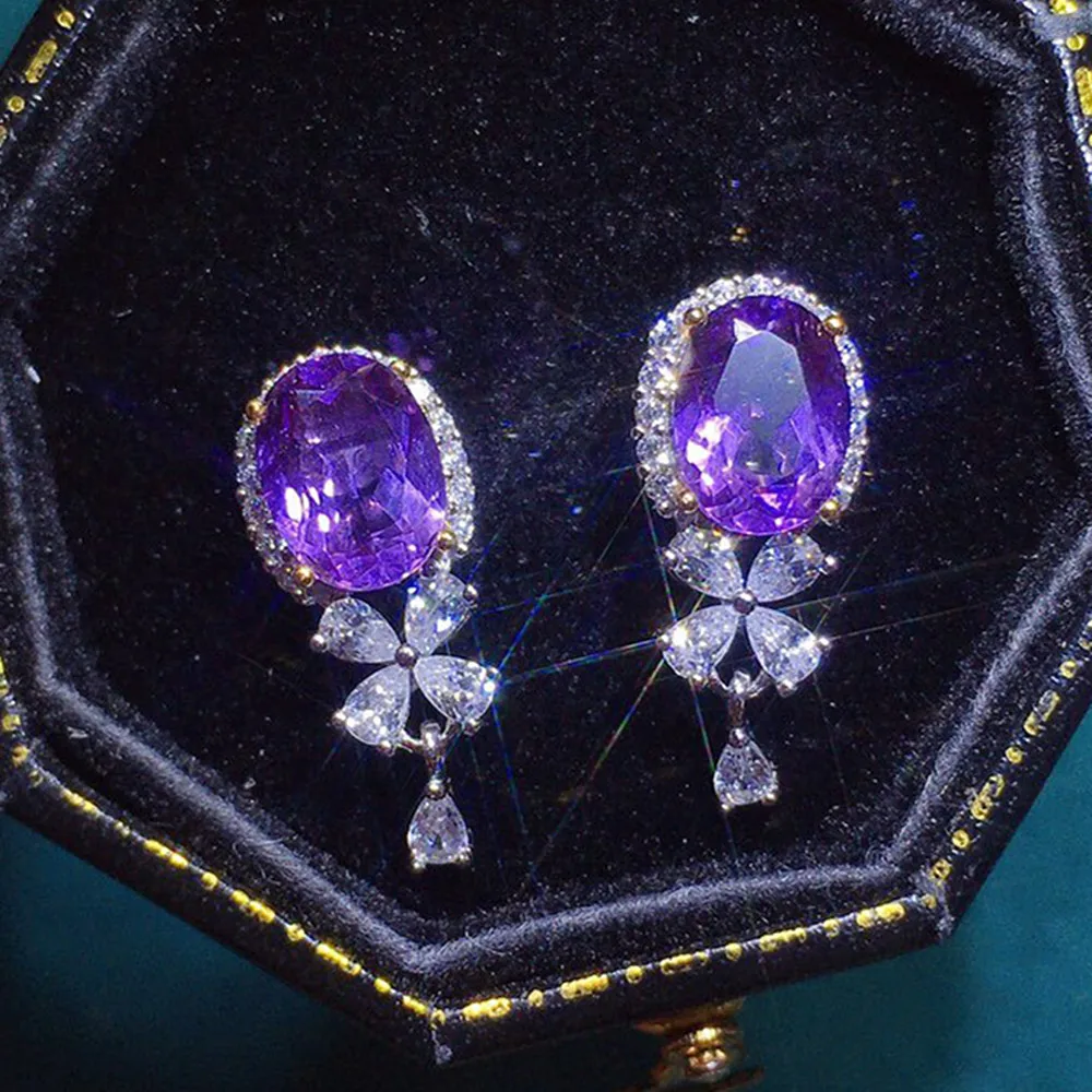 

Небольшие серьги-подвески с фиолетовыми кристаллами, аметистами и драгоценными камнями в форме цветка для женщин, Изящные Ювелирные украше...