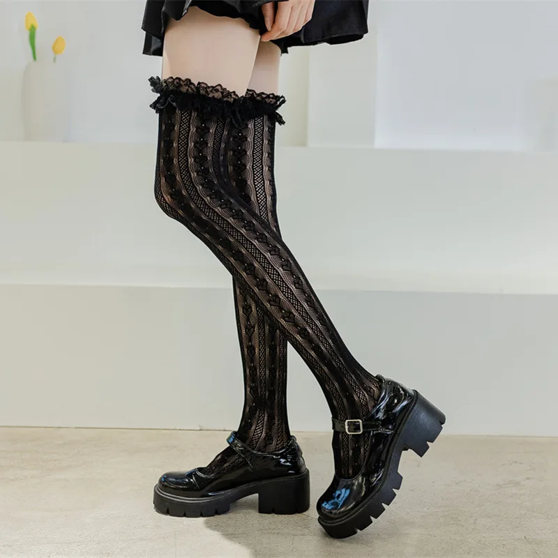 Lace Lolita Tall Knee Thigh Socks Women's Cute Long Tube Love Jacquard Japanese College Style Ultra-thin Sexy Black and White