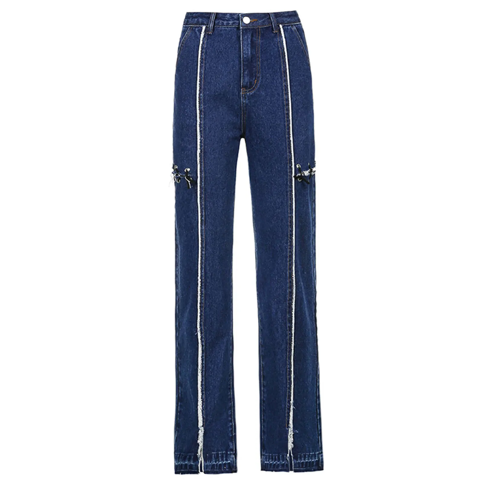

Women Straight-leg Jeans, Split Design, High Waist Simple Lines Loose Version Spring Clothing