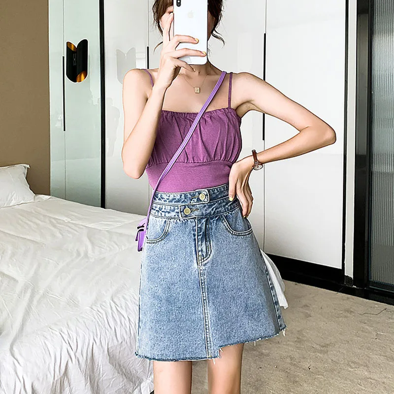 

Women High Waist Irregular Hip Hop Ripped Tassel Jean Skirts Fashion Female Summer Sweet A-Line Denim Skirt Korean Streetwear