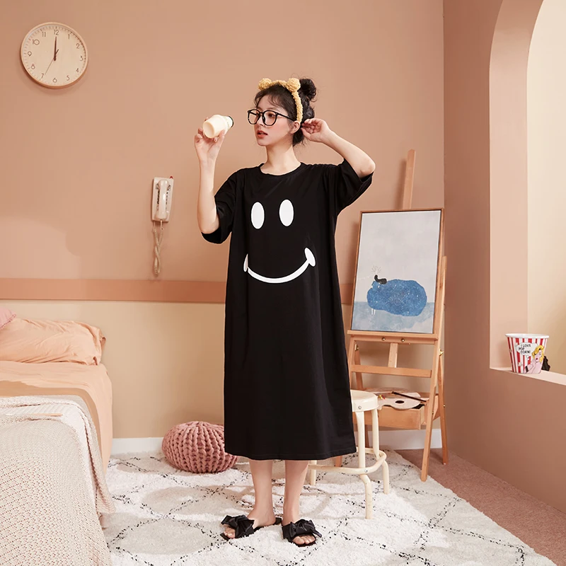 

ATUENDO Summer Fashion Black Nightgowns for Women 100% Cotton Solid Soft Nightdress Atoff Home Satin Silk Homewear Sleepshirts